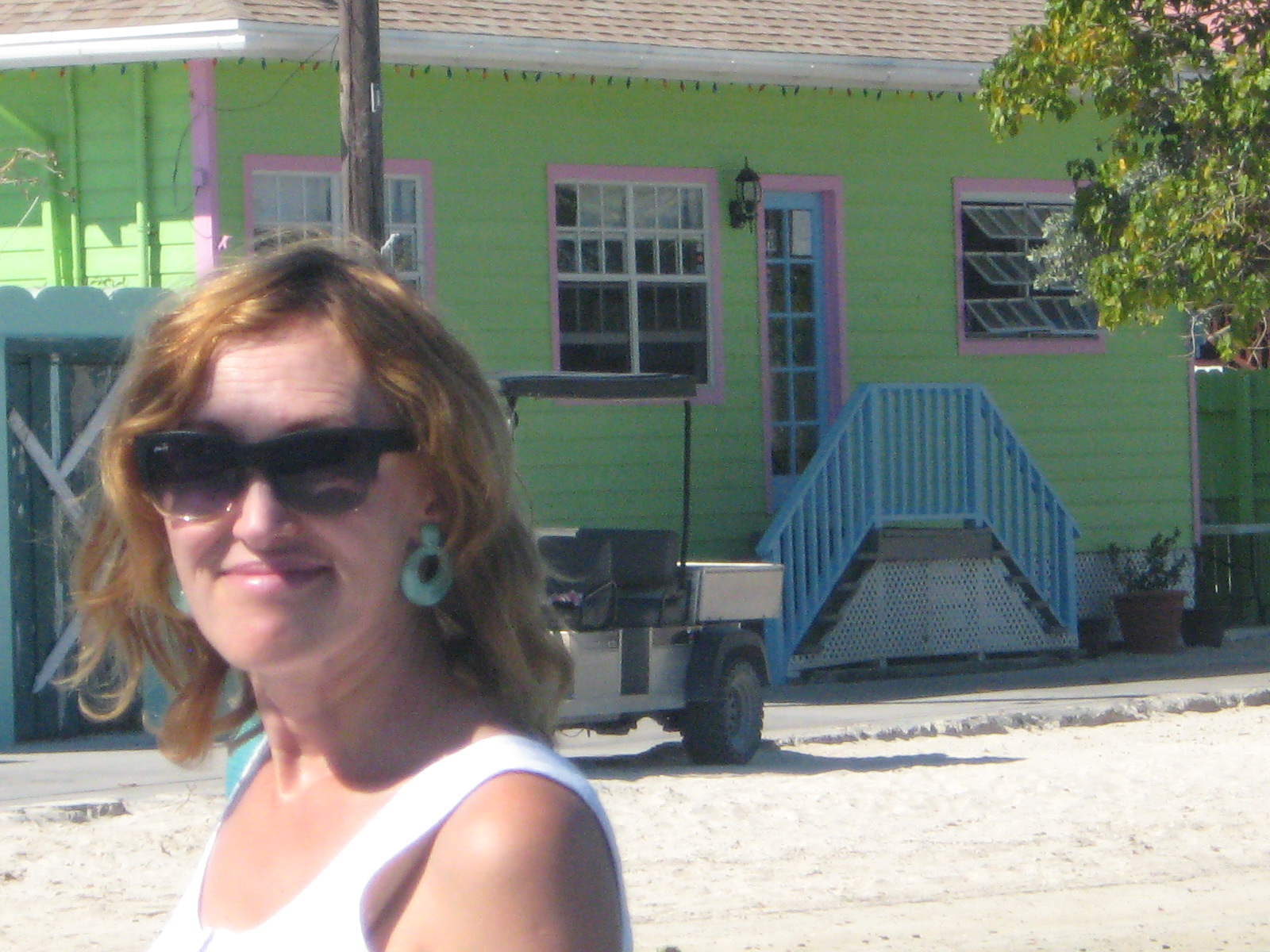Elena in front of a typical colorful house in New Plymouth