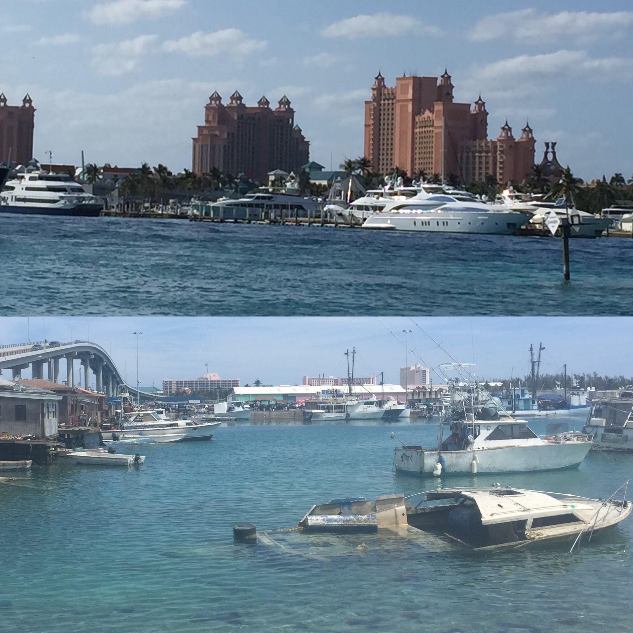 A tale of two cities. Same waterway, two views: Top: Paradise Island Bottom: Bay Street side