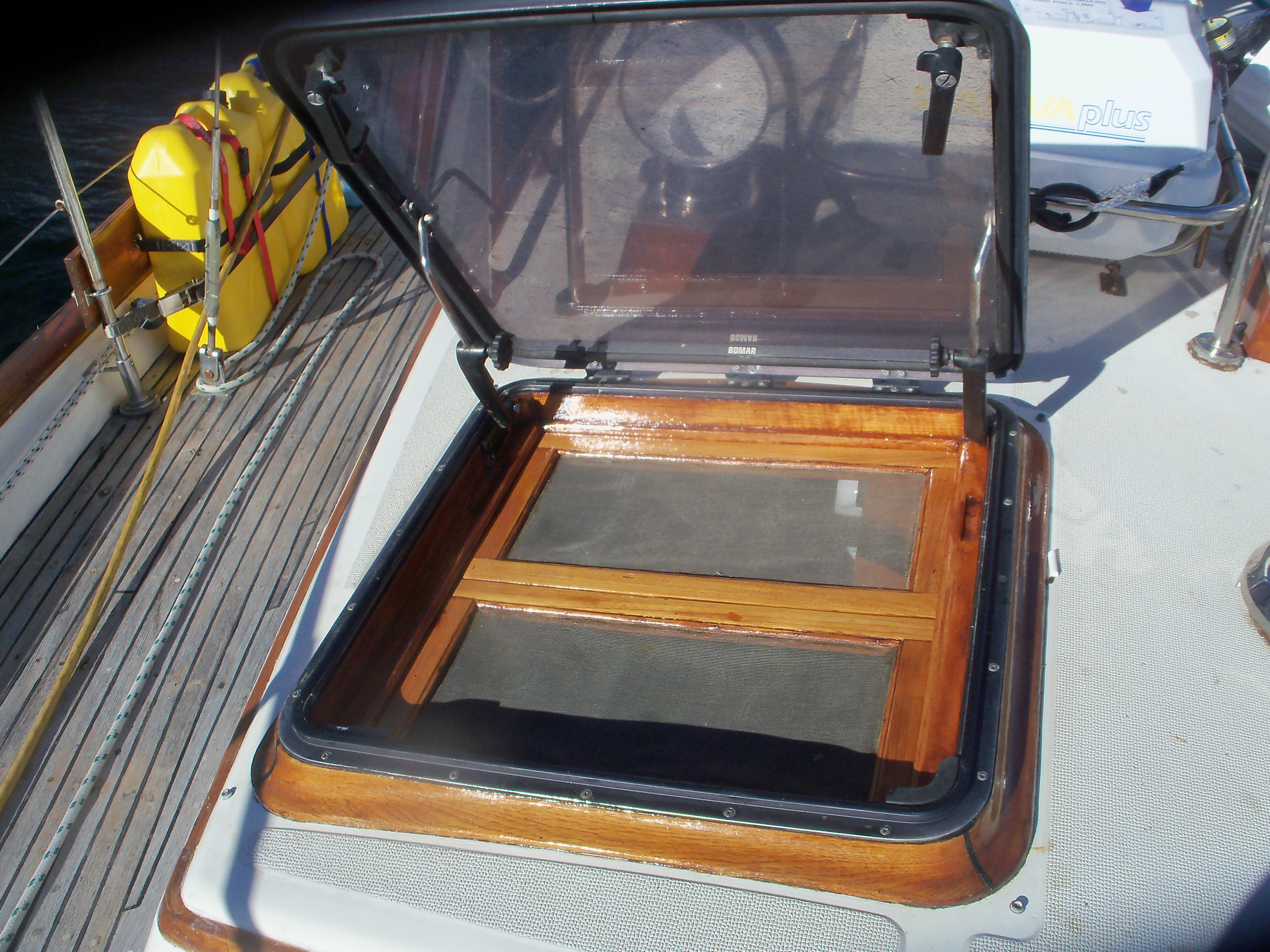 Varnished foward hatch and screens