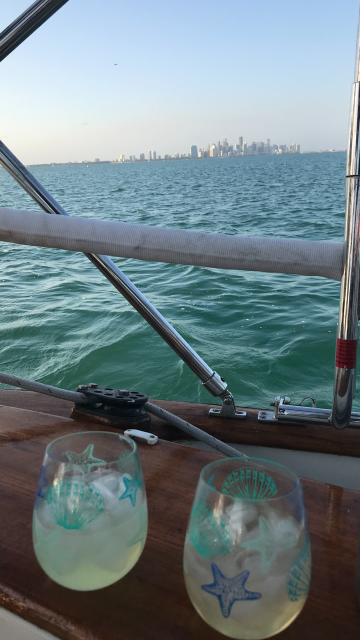 Our view of downtown Miami from our anchorage as we enjoy our "sundownders" after a three day sail from Key West/